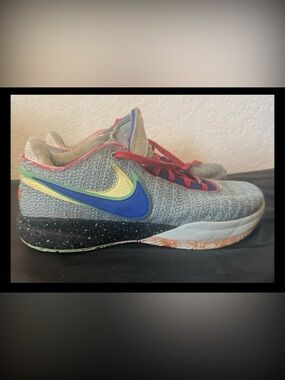 Nike LeBron Gray Knit Basketball Shoes with Blue & Yellow Swoosh